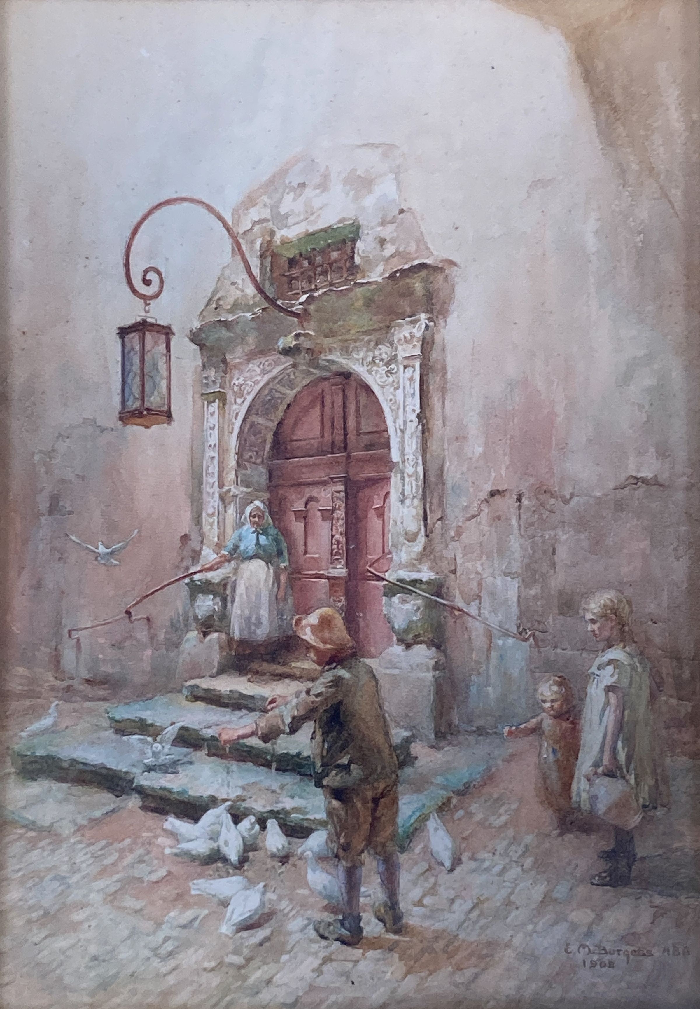 Eliza Mary Burgess (1878-1961), Children feeding doves, signed and dated 1908, watercolour, 46 x 33cm